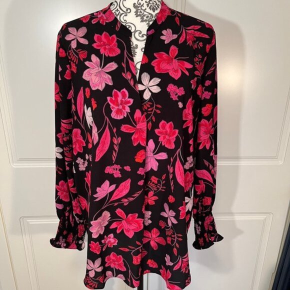 Lord & Taylor Black Pink Red Floral Blouse, Longer Length, Women's size large - Picture 1 of 8